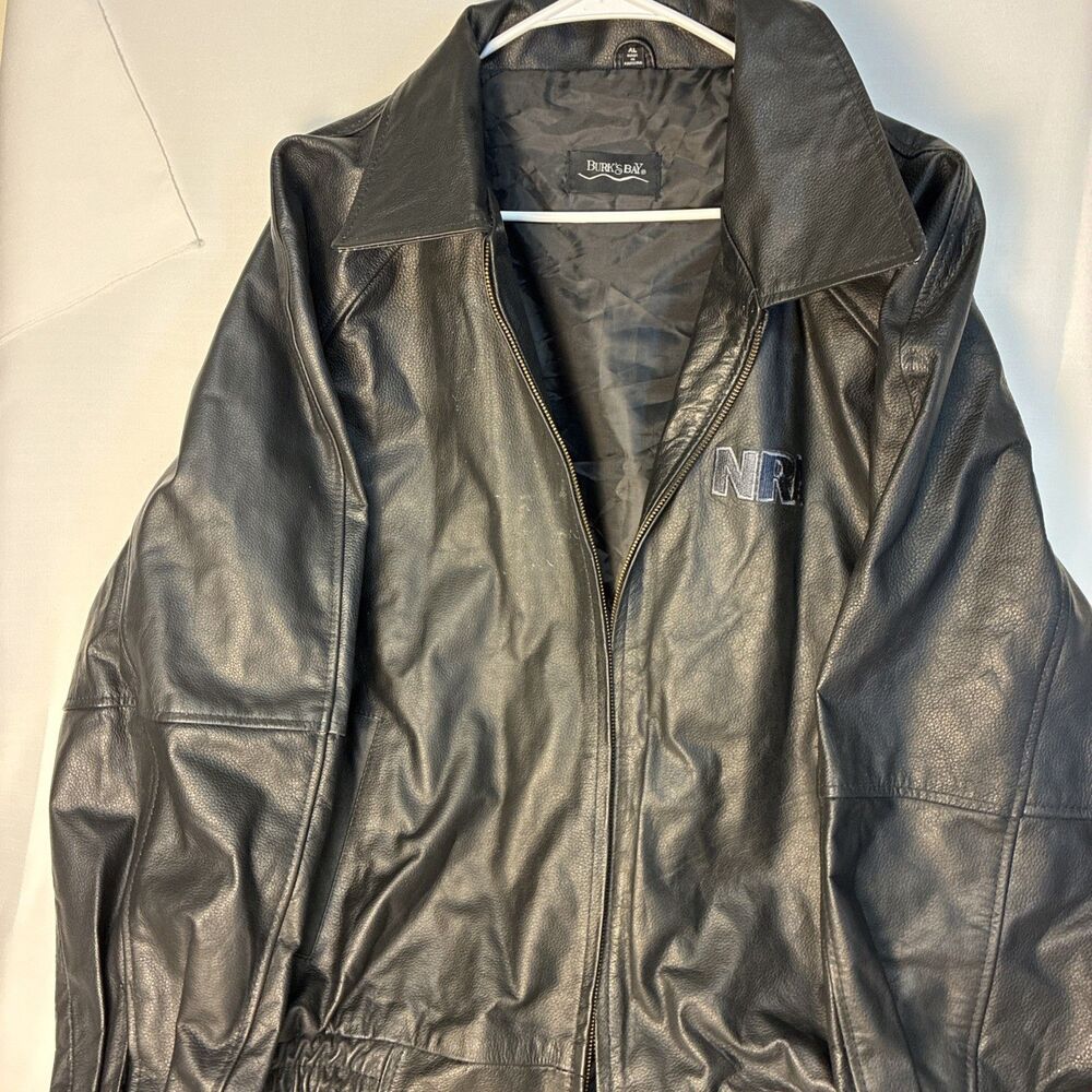 Burk's Bay Leather Black Bomber Jacket Member's Edition Embroidered NRA XL 1511